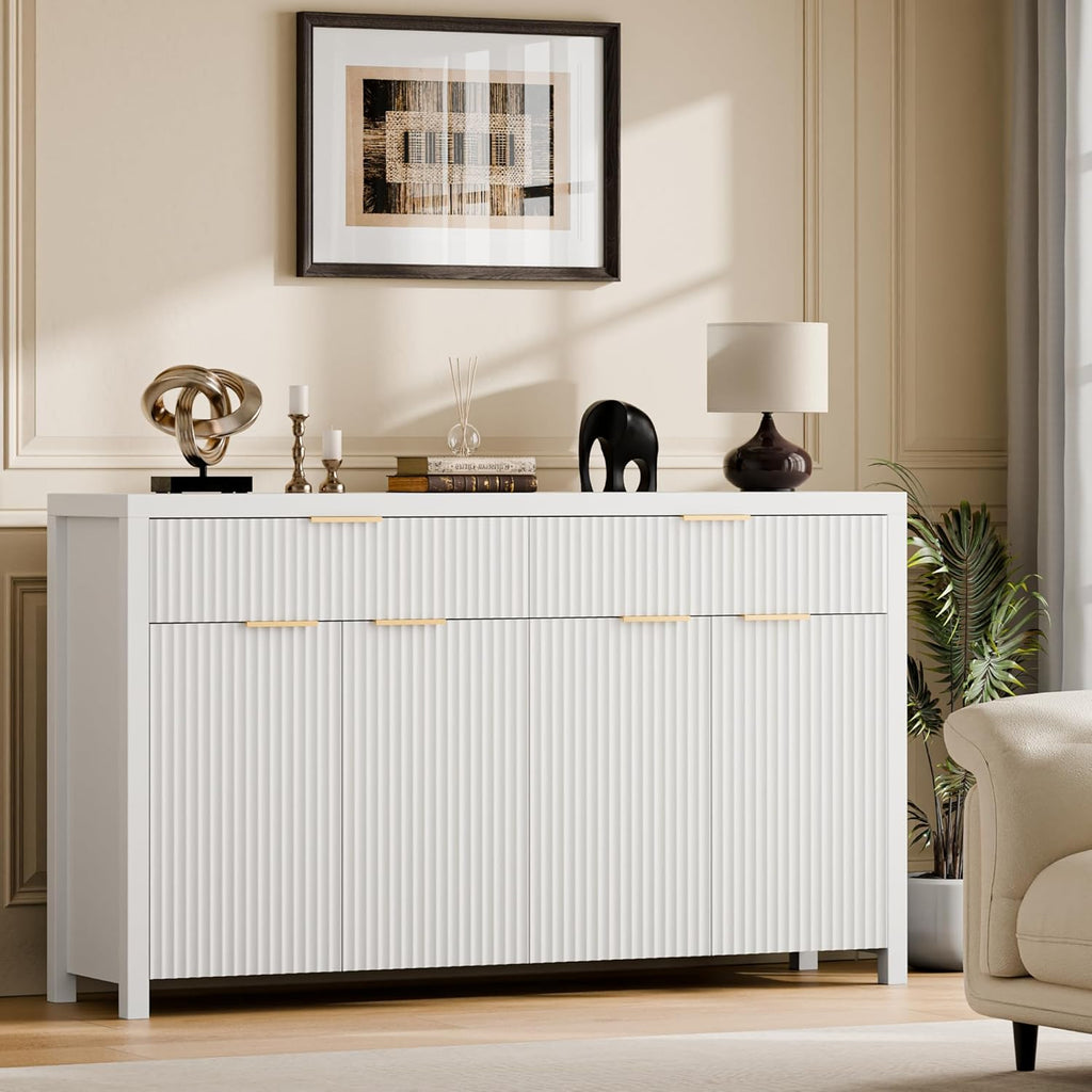 Lulive Fluted Storage Cabinet with Drawers Buffet Sideboard Cabinet with Adjustable Shelves for Kitchen Living Room, Kitchen, Entryway (White, 13.8" D x 55.09" W x 32.8" H)