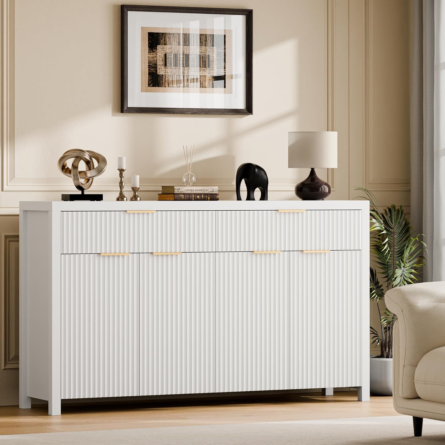 Lulive Fluted Storage Cabinet with Drawers Buffet Sideboard Cabinet with Adjustable Shelves for Kitchen Living Room, Kitchen, Entryway (White, 13.8" D x 55.09" W x 32.8" H)