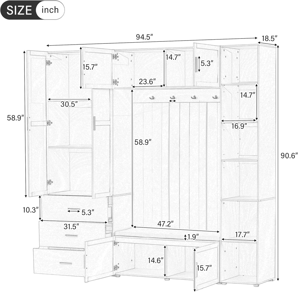 JIJIWANG Wide Hall Tree With Bench and Shoe Storage, 4-In-1 Entryway Bench with 4 Hooks, Storage Drawers and Adjustable Storage Shelves, Entryway Organizer for Mudroom, Hallway, Entrance, Black