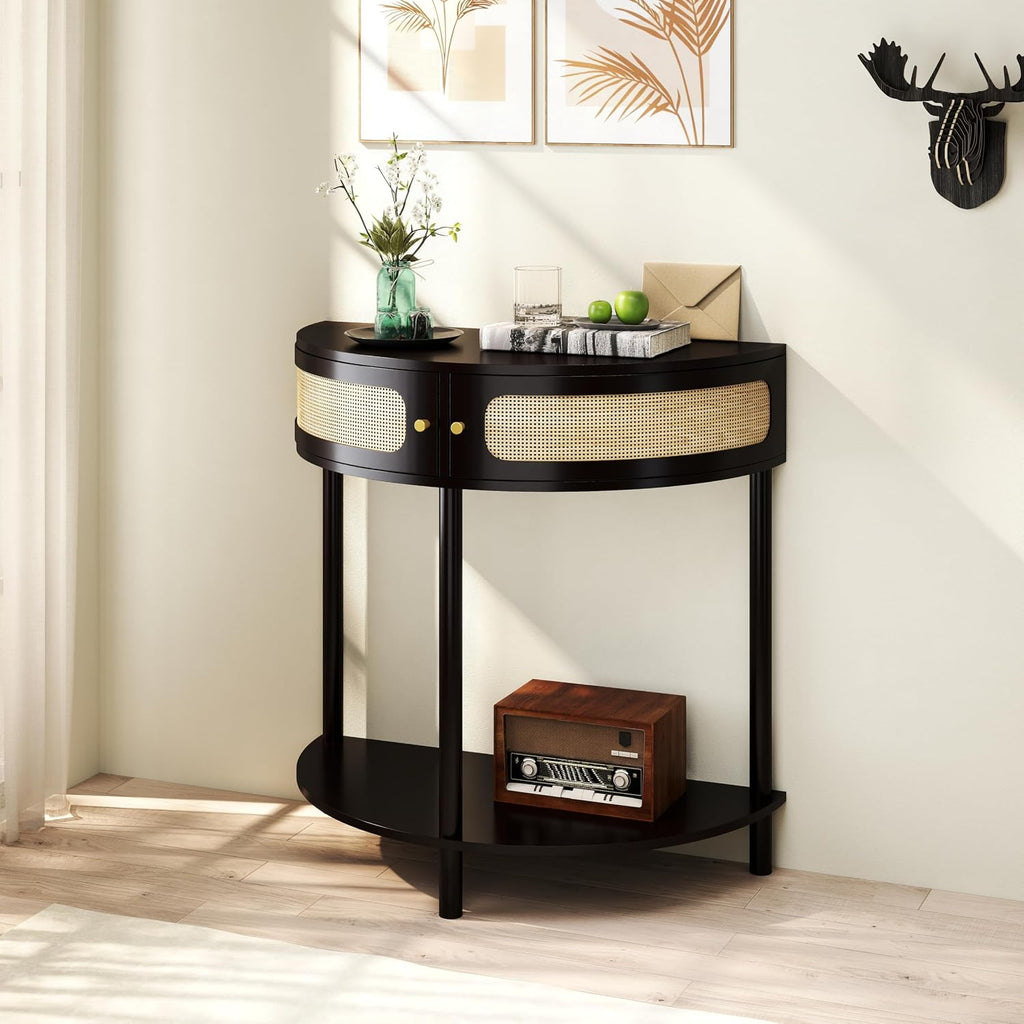 Half Moon Table – 32-Inch Unique Side Table, Half Moon Console Table & Half Round Entryway Table with Drawer, Polished Black Boho Design, Solid Wood+MDF for Living Room, Hallway