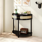 Half Moon Table – 32-Inch Unique Side Table, Half Moon Console Table & Half Round Entryway Table with Drawer, Polished Black Boho Design, Solid Wood+MDF for Living Room, Hallway