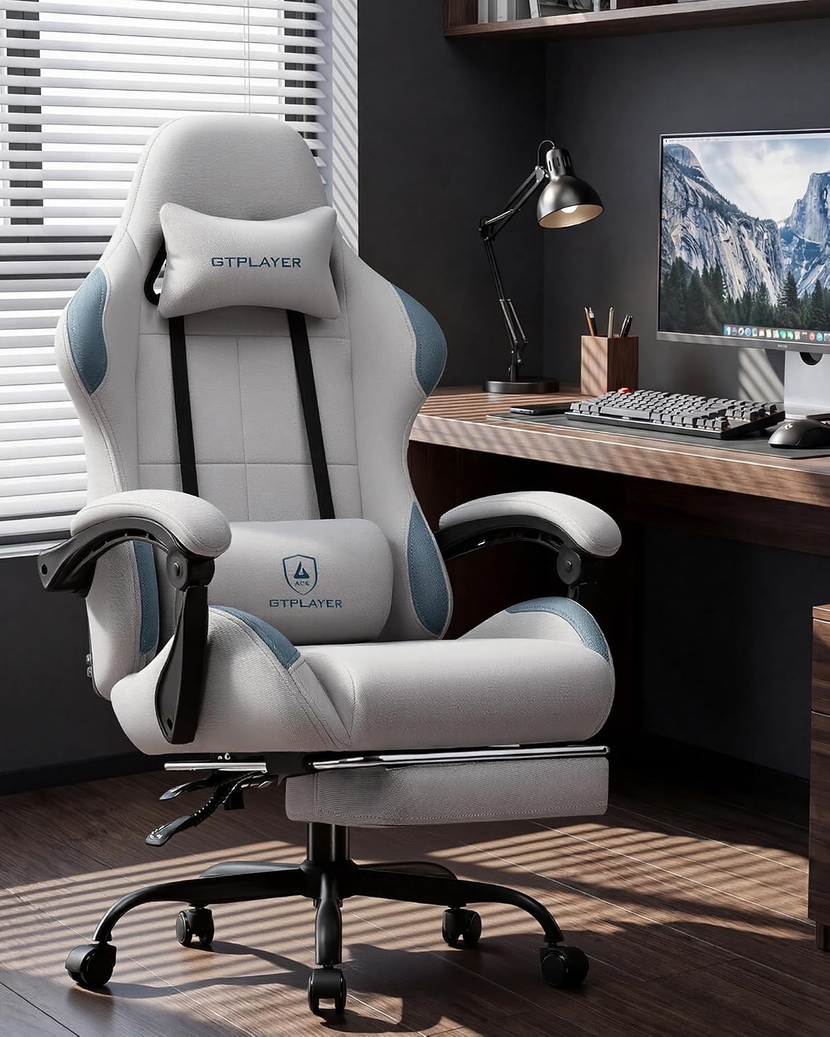 GTPLAYER Gaming Chair Fabric with Pocket Spring Cushion,Computer Office Chair with Lumbar Support for Adults Linkage Armrests and Footrest Ergonomic Gamings Chairs Height Adjustable Gray