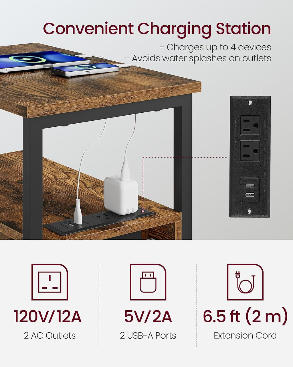 VASAGLE Side End Table with Charging Station, Slim Nightstand with 2 Drawers, Narrow Bedside Table for Living Room, Small Spaces, 18.9 x 11.8 x 24 Inches, Rustic Brown and Ink Black ULET324K101S