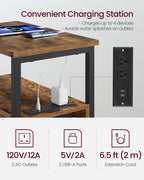 VASAGLE Side End Table with Charging Station, Slim Nightstand with 2 Drawers, Narrow Bedside Table for Living Room, Small Spaces, 18.9 x 11.8 x 24 Inches, Rustic Brown and Ink Black ULET324K101S