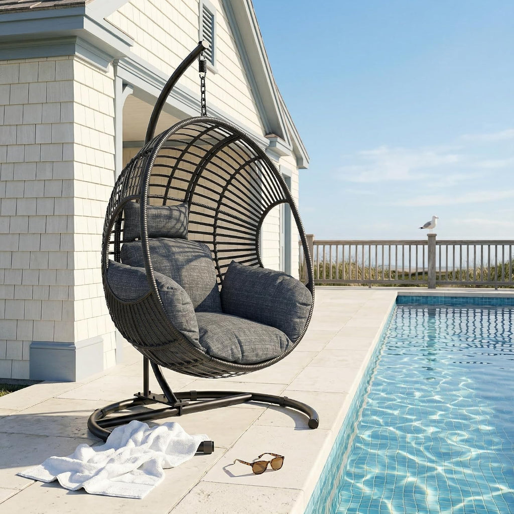 Hanging Egg Chair with Stand – 400 Lbs Capacity Patio Swing, Weatherproof PE Rattan & 8-Inch Thick Cushion, Swing Egg Chairs for Outdoor Garden, Balcony & Patio Use, Black