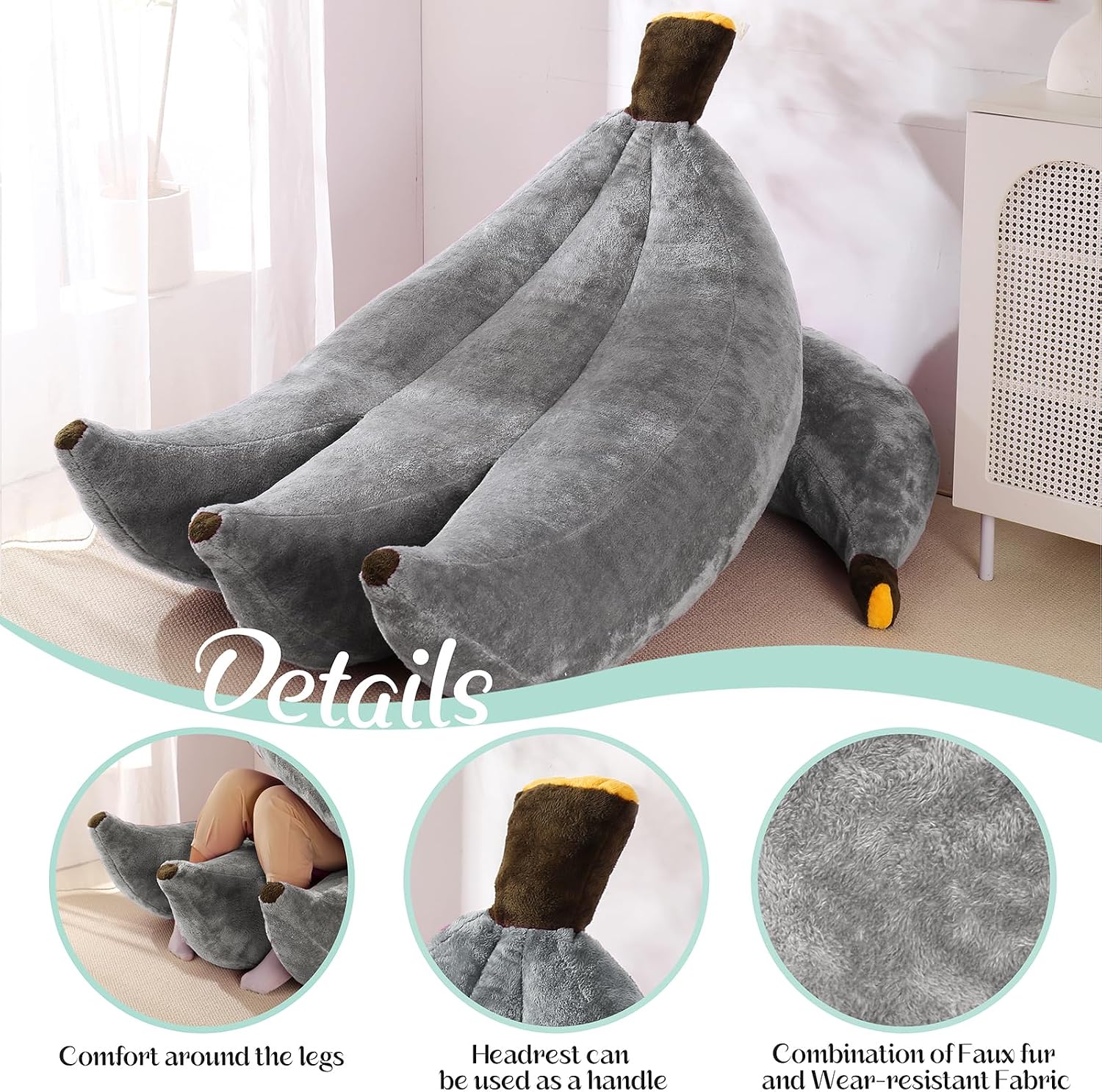 Banana Bean Bag Chair with Ottoman, Floor Sofa Bed with Footrest, Comfy Convertible Lounger for Adults, Plush Couch for Bedroom, Living Room or Dorm, L-Grey
