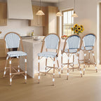 Outdoor French Counter Bar Stools Set of 4, 30" Height Patio Rattan Stools w/Wood Print Finish, All-Weather Armless Wicker Chairs for Poolside Backyard Front Porch Garden Kitchen, White/Blue