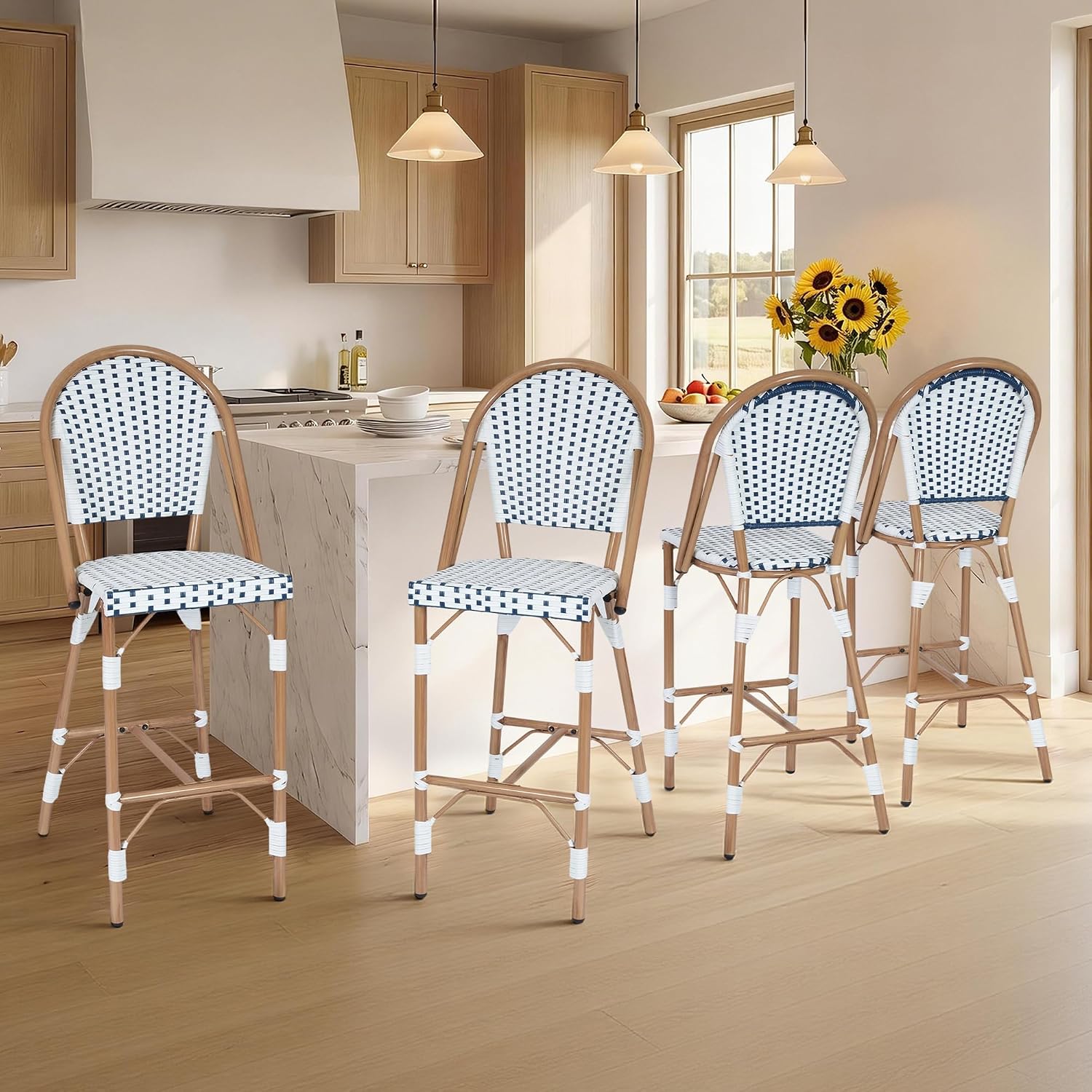 Outdoor French Counter Bar Stools Set of 4, 30" Height Patio Rattan Stools w/Wood Print Finish, All-Weather Armless Wicker Chairs for Poolside Backyard Front Porch Garden Kitchen, White/Blue