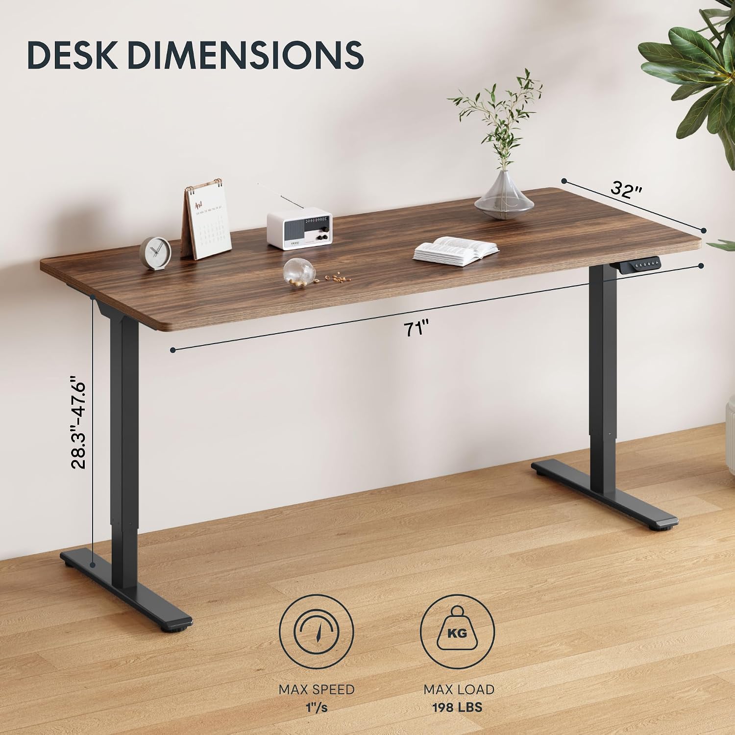 FLEXISPOT 71"x32" Large Dual Motor Electric Standing Desk, Black Walnut - 198 LBS Heavy-Duty Capacity, Ideal for Home Office, Creative Studio, or Multi-Monitor Setup