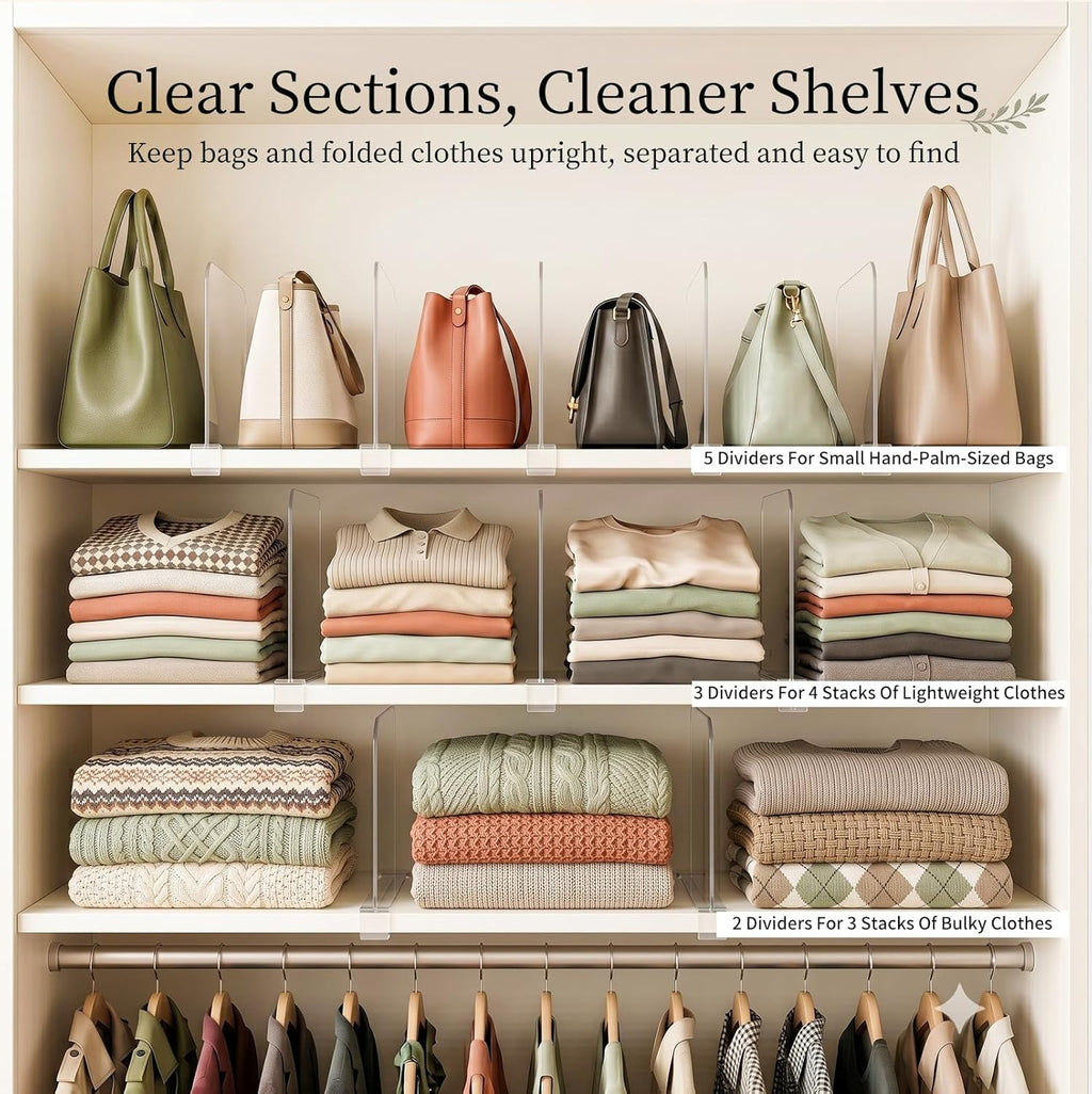 SortNStore Shelf Dividers Purse Organizer for Closet: 8-Pack Acrylic Bag Storage Organizer for Handbags, Clutches, Clothes, Sweater, Towel on Wood Shelves