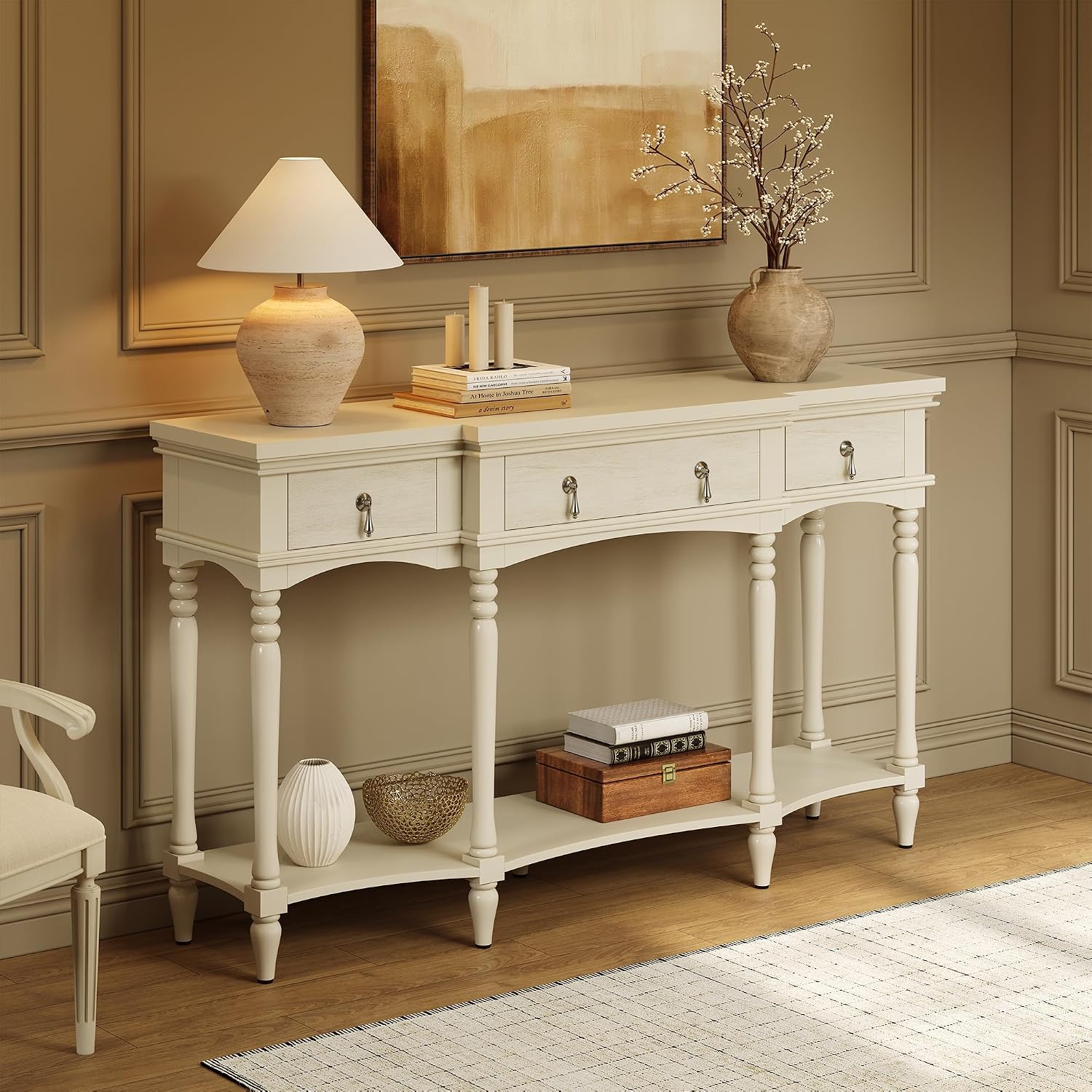 Christopher Knight Home Cally Wood Console Table with Drawers & Bottom Shelf, Narrow Entryway Table with Turned Roman Legs, Traditional Rectangular Wall Table for Living Room Study Hallway, White