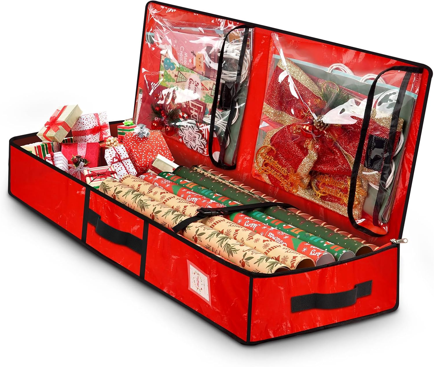 HikooLSS Wrapping Paper Organizer Storage Container for Christmas Holiday Gift Wrap Storage 43.2" Durable PE Underbed Storage Container with Interior Pockets Fits 24 Paper Rolls (Red)