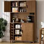 Lulive Kitchen Pantry Cabinet with Charging Station, Walnut | Rolling & Sliding Doors, Adjustable Shelves, Open Countertop, Wine Glass Rack, Modern Storage Cabinet for Dining Room