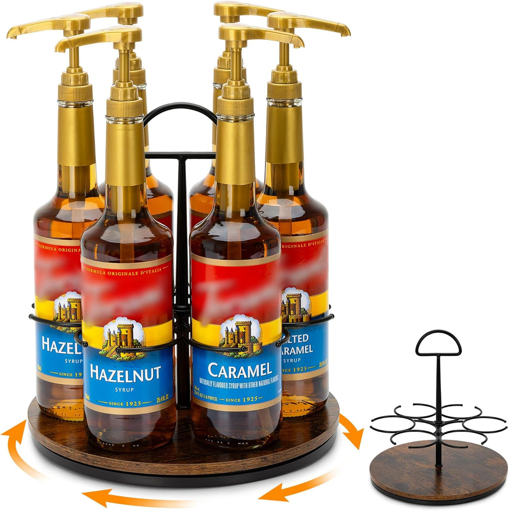 Rotating Coffee Syrup Organizer Hold 6 Bottles, Wood Coffee Syrup Rack for Countertop, Large Bottle Holder Stand for Bar Station, Turntable Wine Display Tray (Black - 6 Bottles)
