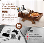 Couch Arm Table with Dual Cup Holders, Acacia Wood Sofa Arm Tray | Fits armless sofas & sectionals, foldable tray for drinks, snacks & remotes, storage slots for neat organization,15.35"x9.85"