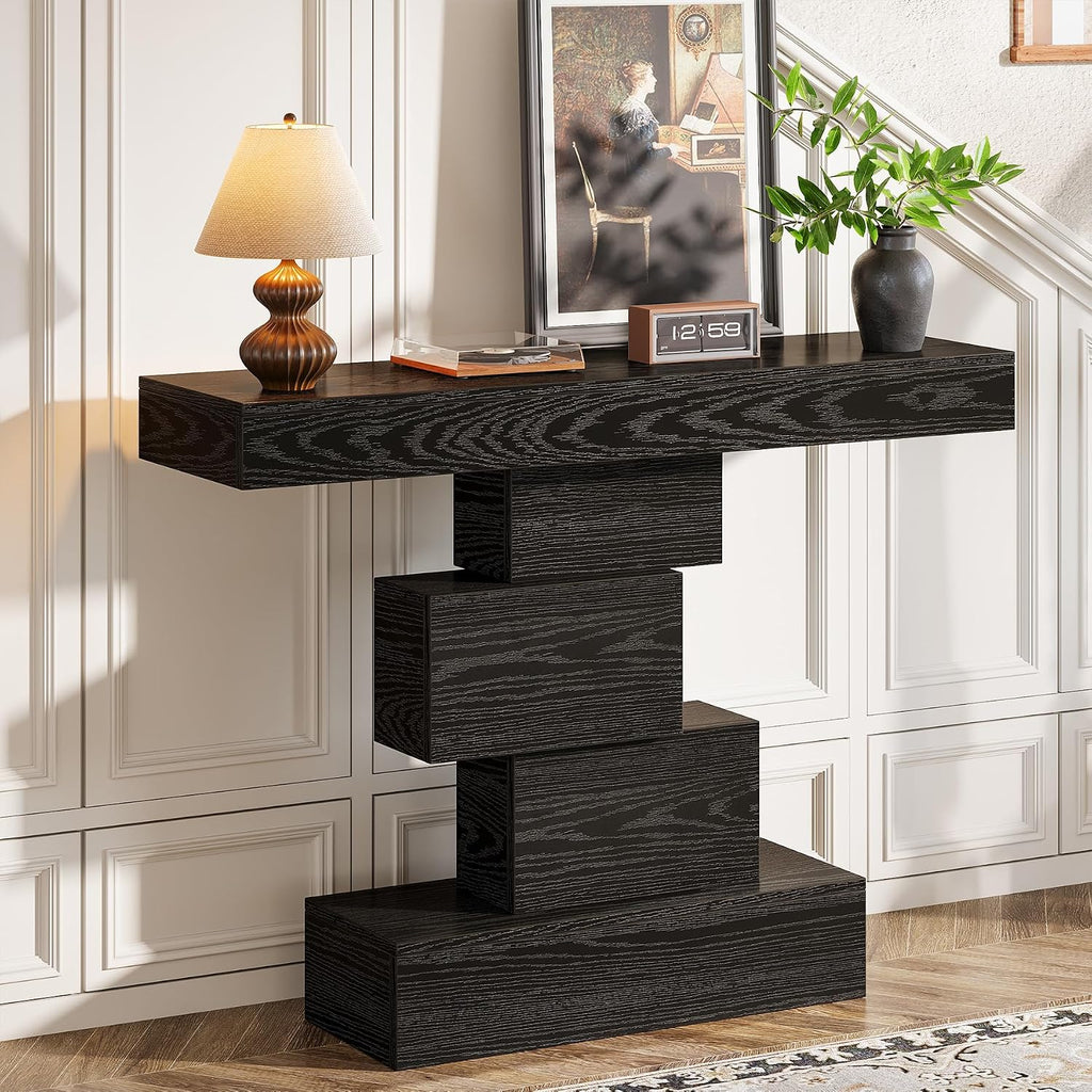 Tribesigns 42.5" Farmhouse Console Table, Narrow Wood Sofa Table Behind Couch with Geometric Base, Industrial Entryway Accent Table for Living Room, Hallway, Entrance (Black)