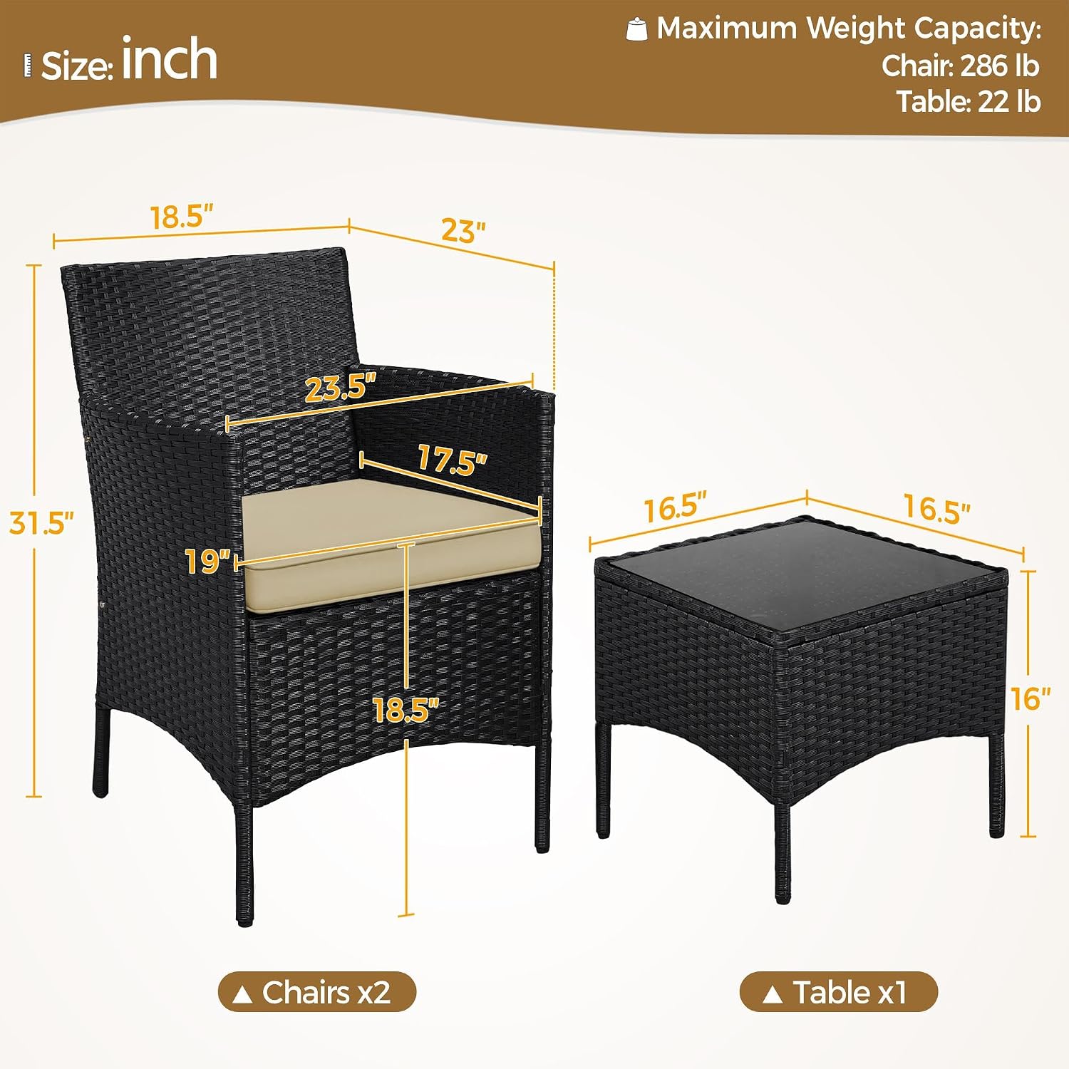 Yaheetech 3 Pieces Patio Conversation Set, Outdoor Rattan Bistro Furniture, 2 Chairs with Cushions & 1 Side Table for Bistro/Porch/Garden/Deck/Courtyard, Black/Khaki