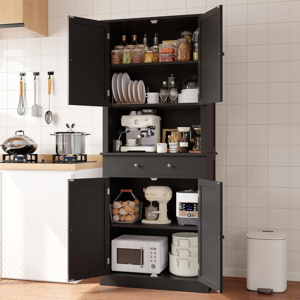 Apicizon 71’’ Tall Kitchen Pantry Storage Cabinet, Modern Kitchen Hutch Bar Cabinet with Microwave Stand & 3 Adjustable Shelves, Cupboard with Deep Drawer, Wood Buffet Sideboard for Dining Room, Black