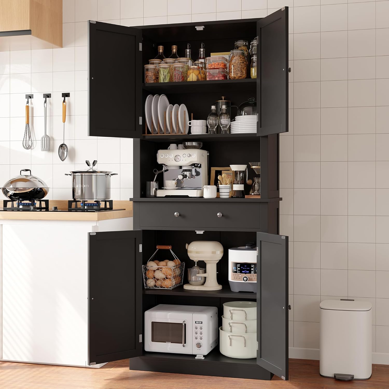 Apicizon 71’’ Tall Kitchen Pantry Storage Cabinet, Modern Kitchen Hutch Bar Cabinet with Microwave Stand & 3 Adjustable Shelves, Cupboard with Deep Drawer, Wood Buffet Sideboard for Dining Room, Black