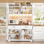 HIFIT 71" Tall Kitchen Pantry Cabinet with RGB LED and Charging Station, Farmhouse Coffee Bar Cabinet with Large Countertop and 6 Hooks, Kitchen Hutch Storage Cabinet, White