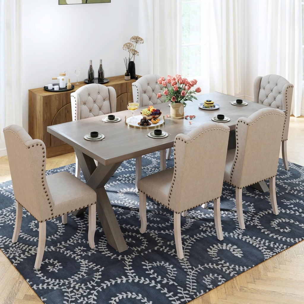 Ya-Home Modern Tufted Dining Chairs Set of 8, Upholstered Kitchen Side Accent Chairs with Wingback Nail Trims Wood Legs, Farmhouse Guest Chairs for Dining/Living Room, Linen Beige