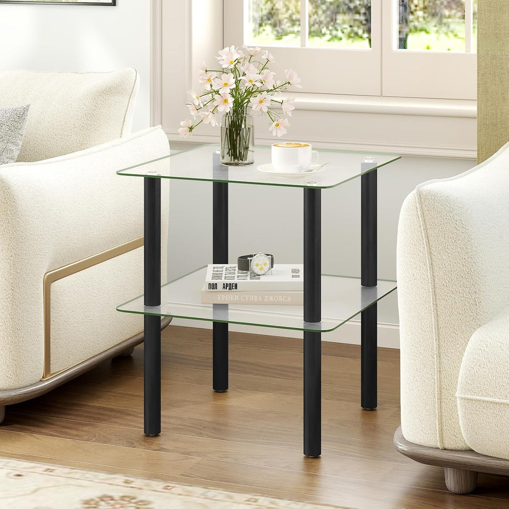 Giantex Square End Table, 2-Tier Sofa Side Table with Clear Tempered Glass Top & Shelf, Small Accent Table with Solid Rubber Wood Legs for Living Room Bedroom Home Office (Black & Clear)