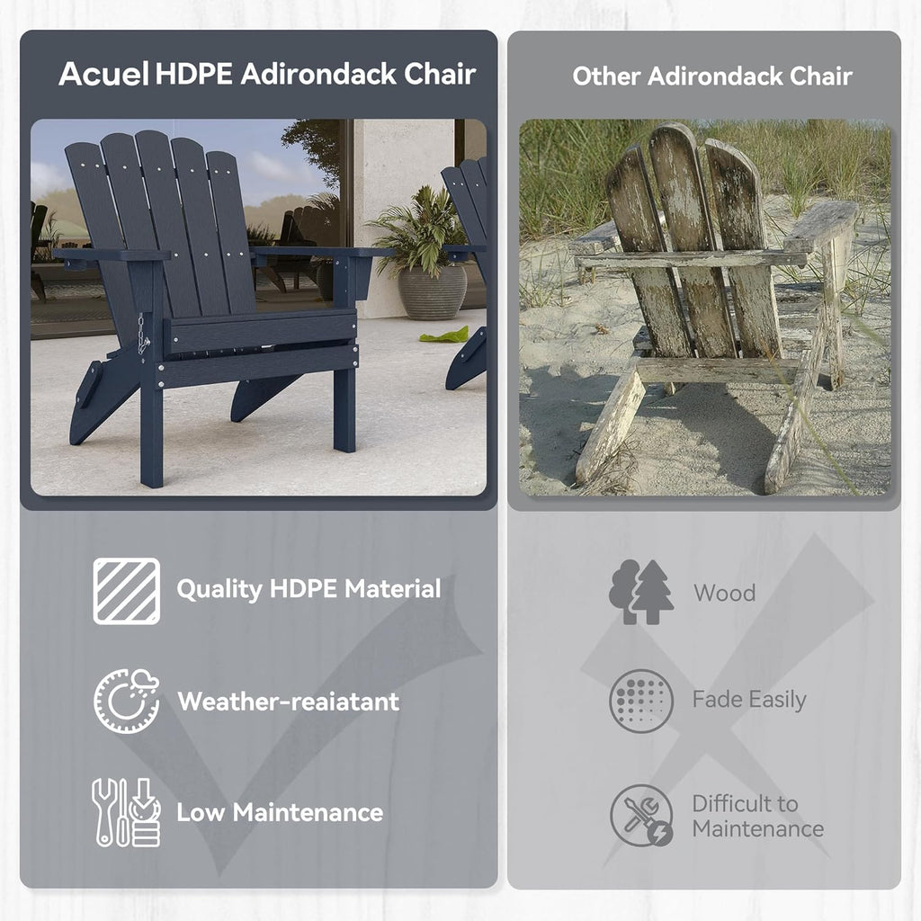 Folding HDPE Adirondack Chair Set of 2, Weather-Resistant Patio Chair with Wide Armrests & High Backrest, Fire Pit Chair for Garden, Backyard, Porch (Blue)