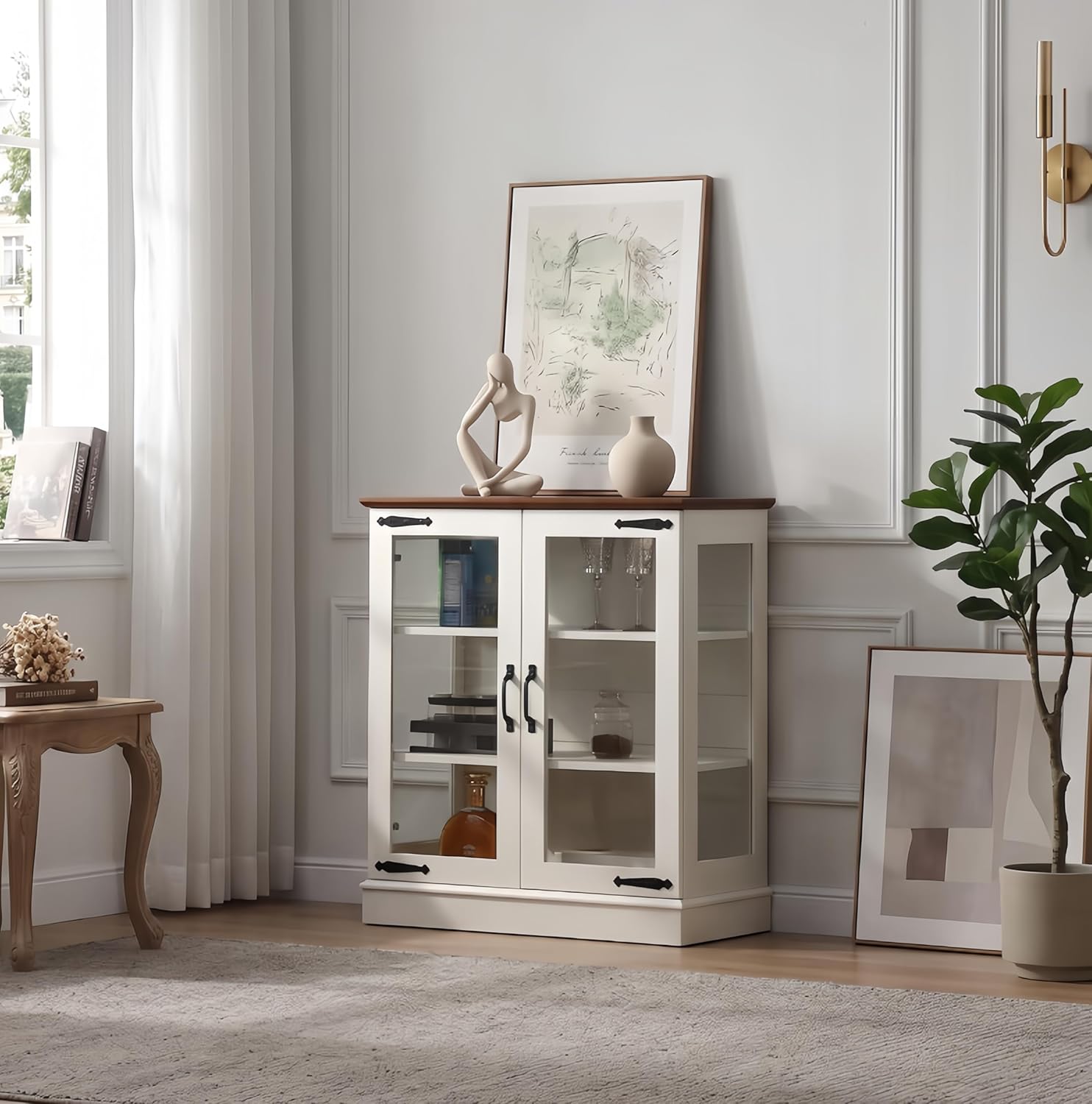 FOREST GRAVITY 31.5'' Small Display Buffet Cabinet with Glass Doors for Great Showcase,Small Coffee bar Cabinet with one Adjustable Shelf and one Fixed Shelf,Modern Sideboard Buffet for Kitchen,White