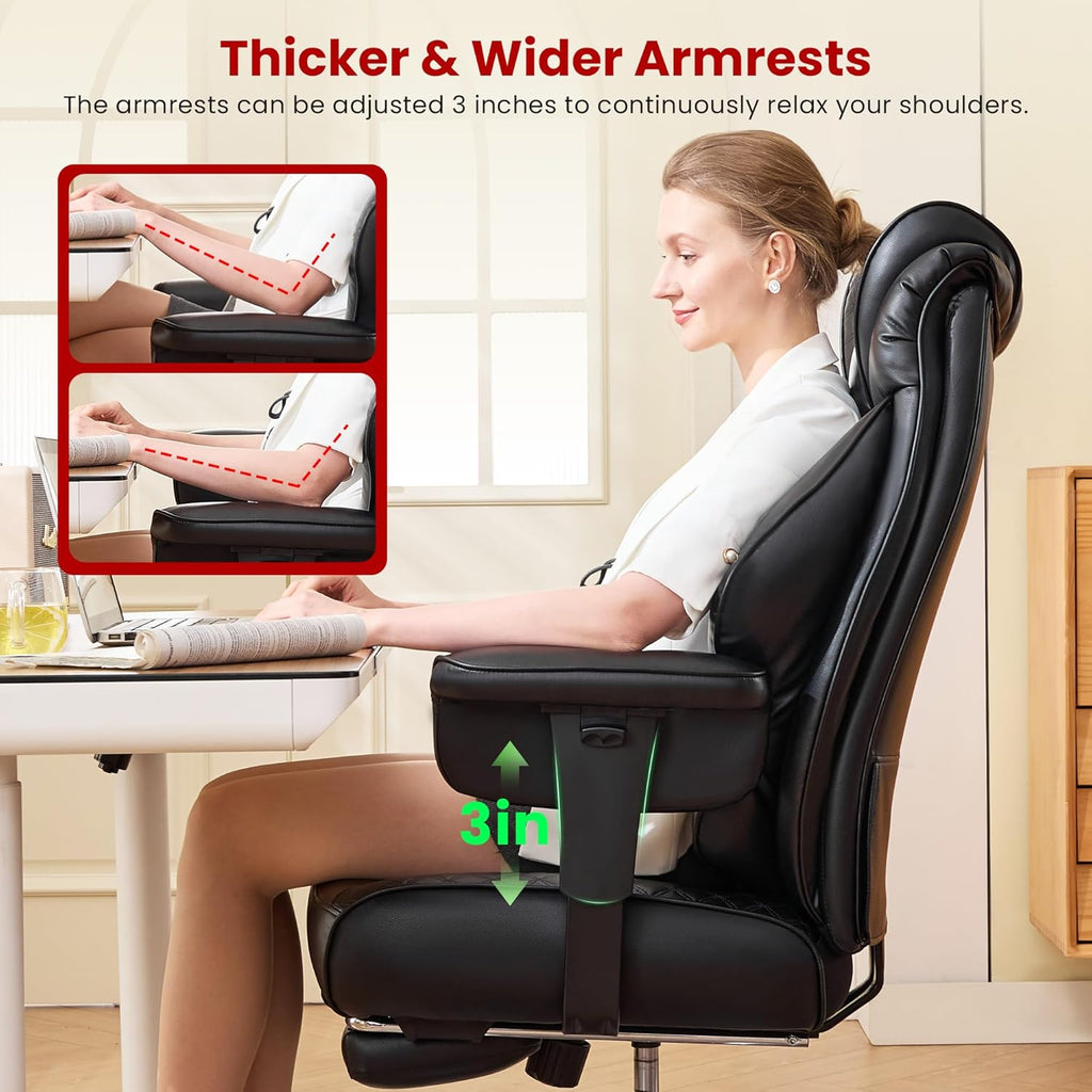 Clome 500lbs Big and Tall Office Chair Adjustable Lumbar Support for Back Pain, Extra Wide Seat Executive Office Chair Thick Armrest Pad, Heavy Duty Base Ergonomic Computer Desk Chair