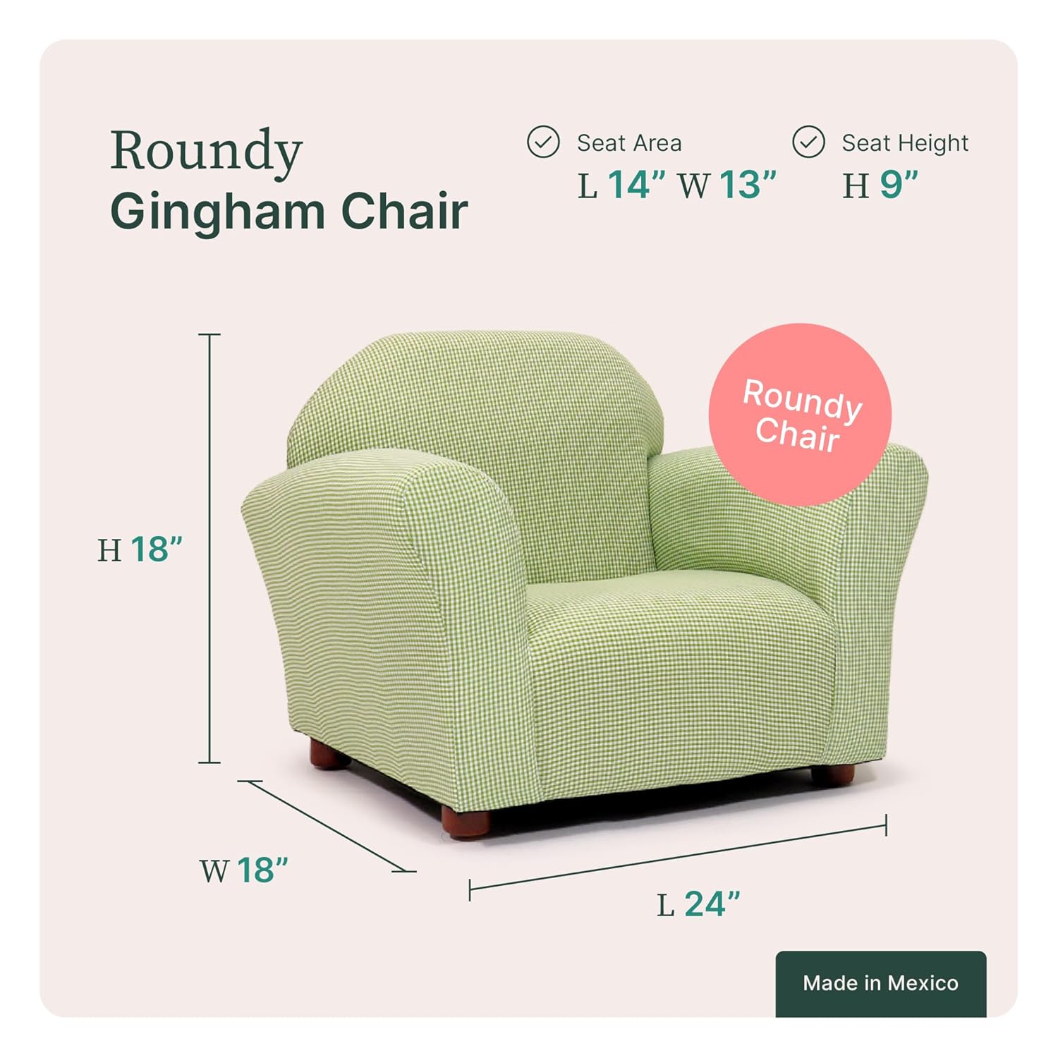 Keet Roundy Gingham Chair for Kids Upholstered Toddler Armchair for Ages 2–5, Sturdy Wooden Frame, Soft Durable Cotton Fabric, Lightweight, Fully Assembled, Ideal for Playrooms, Nurseries & Bedrooms.