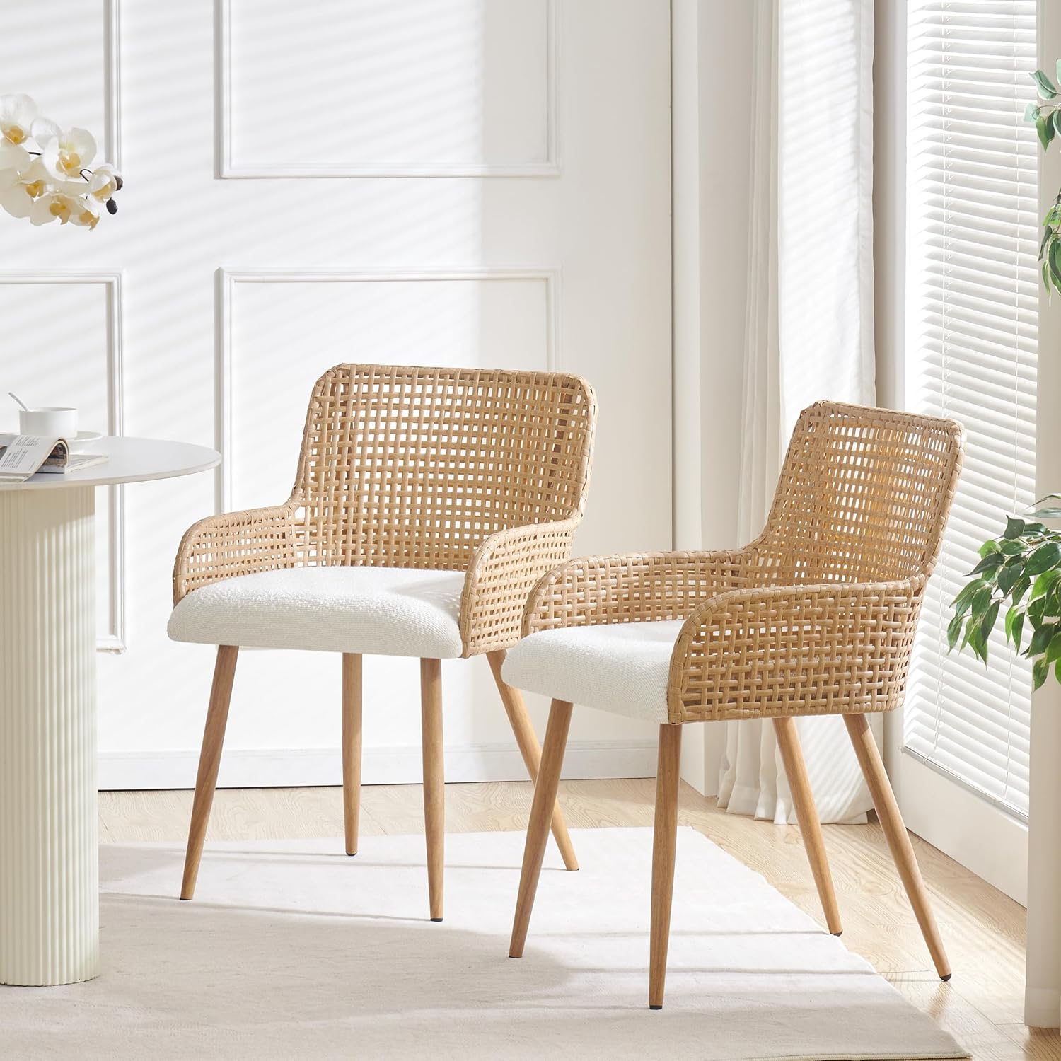 Rattan Dining Chairs Set of 2,Modern Dining Room Chairs with Upholstered Cushion and Metal Legs,Rattan Kitchen Chairs,Brown