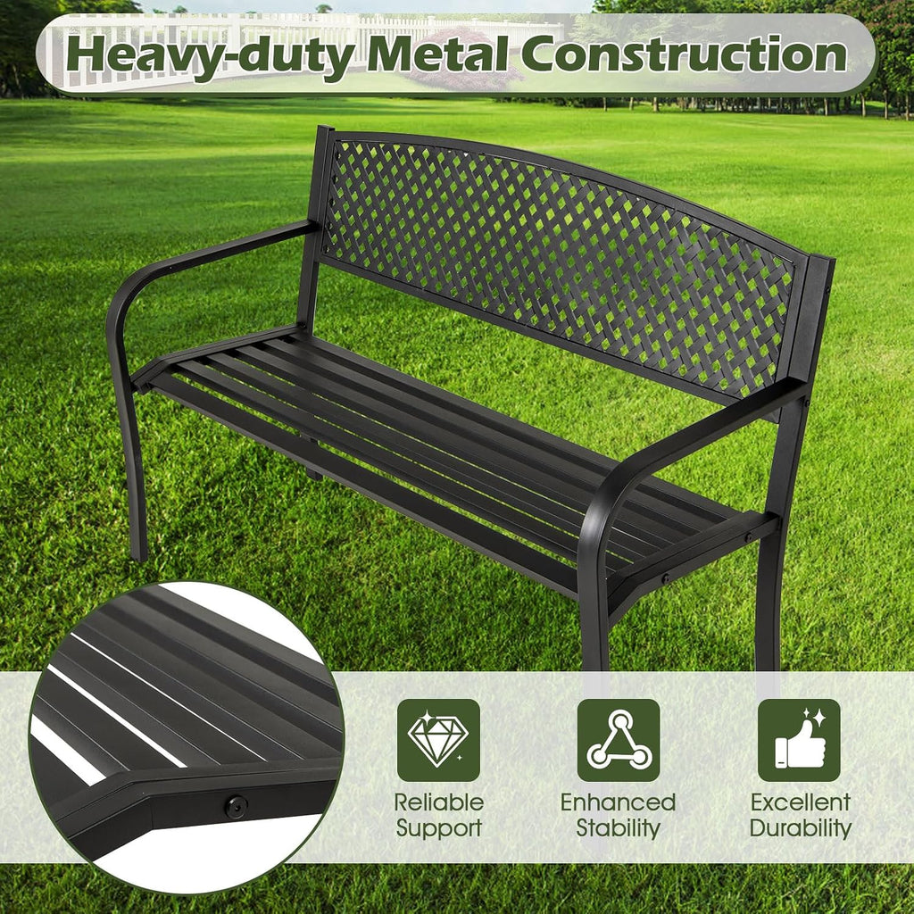 Giantex Metal Outdoor Bench with Mesh Pattern Backrest, Curved Armrests, Load 660Lbs, Slatted Seat for 2-3 Persons, Heavy-Duty Garden Bench for Patio, Backyard, Poolside, Porch, Park (50"×24"×33.5")