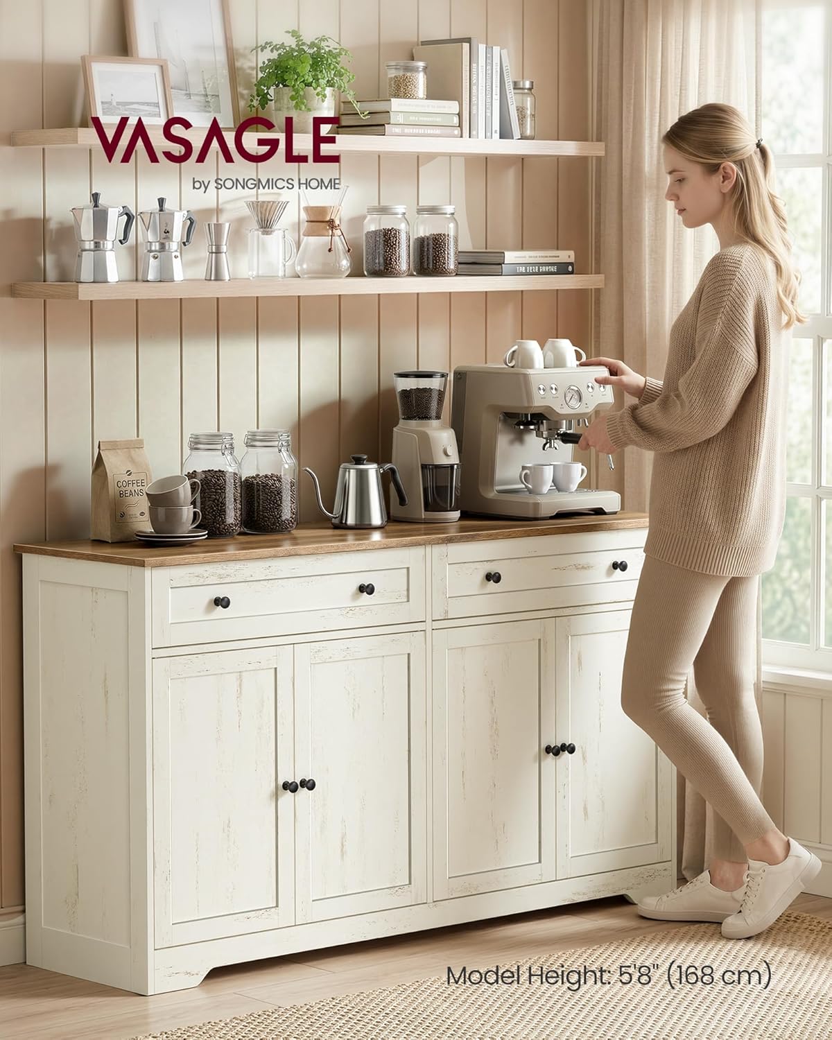 VASAGLE Siren Collection - Buffet Cabinet, Farmhouse Coffee Bar Cabinet with 2 Drawers, Adjustable Shelves, 4 Doors, Sideboard, 15.8 x 55.1 x 31.5 Inches, Rustic White and Honey Brown ULSC541WJ01S