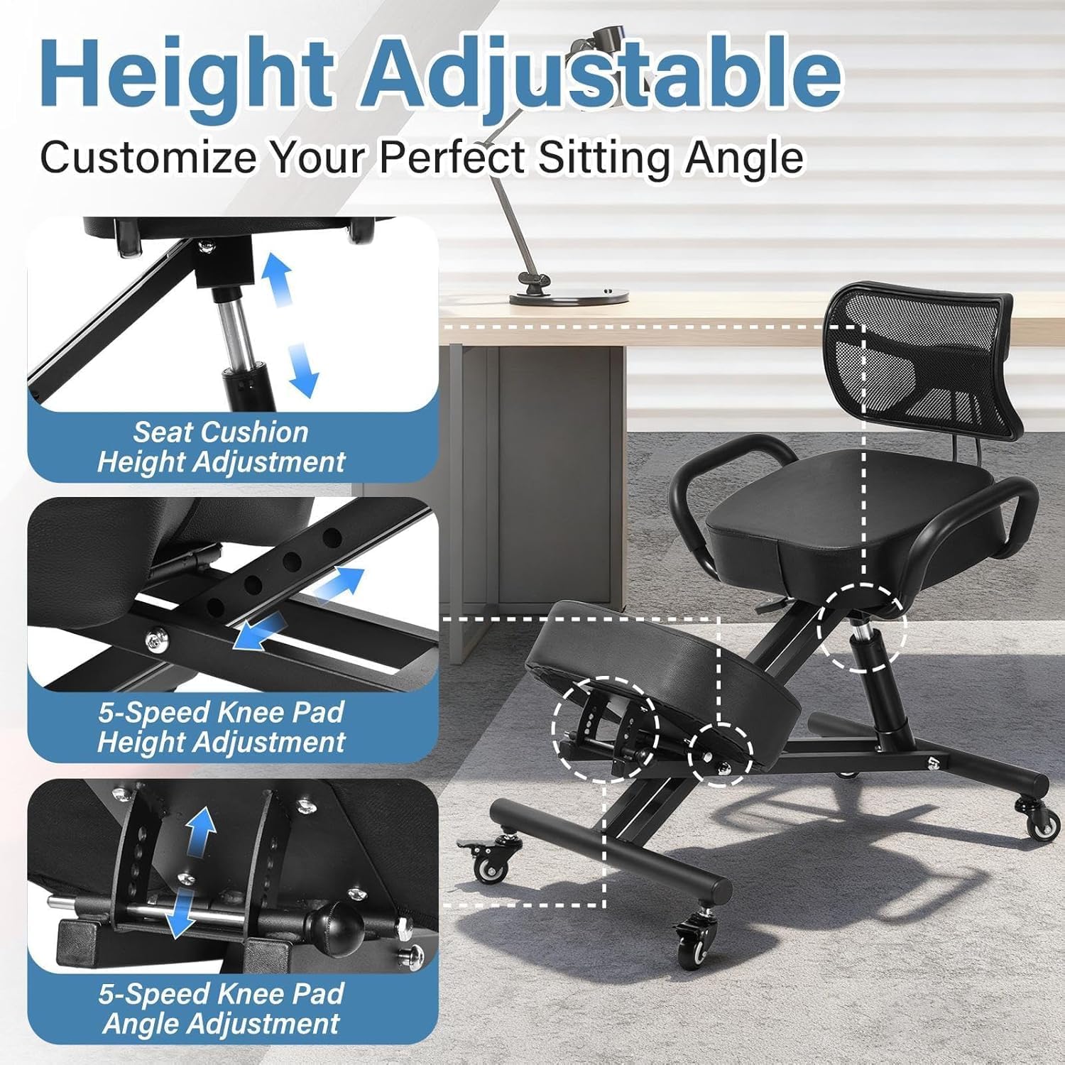 Ergonomic Kneeling Chair with Back Support, Height Adjustable Stool for Home and Office, PU Kneeling Chair for Desk to Relieve Back Discomfort, Thick Moulded Foam Cushions Brake Casters
