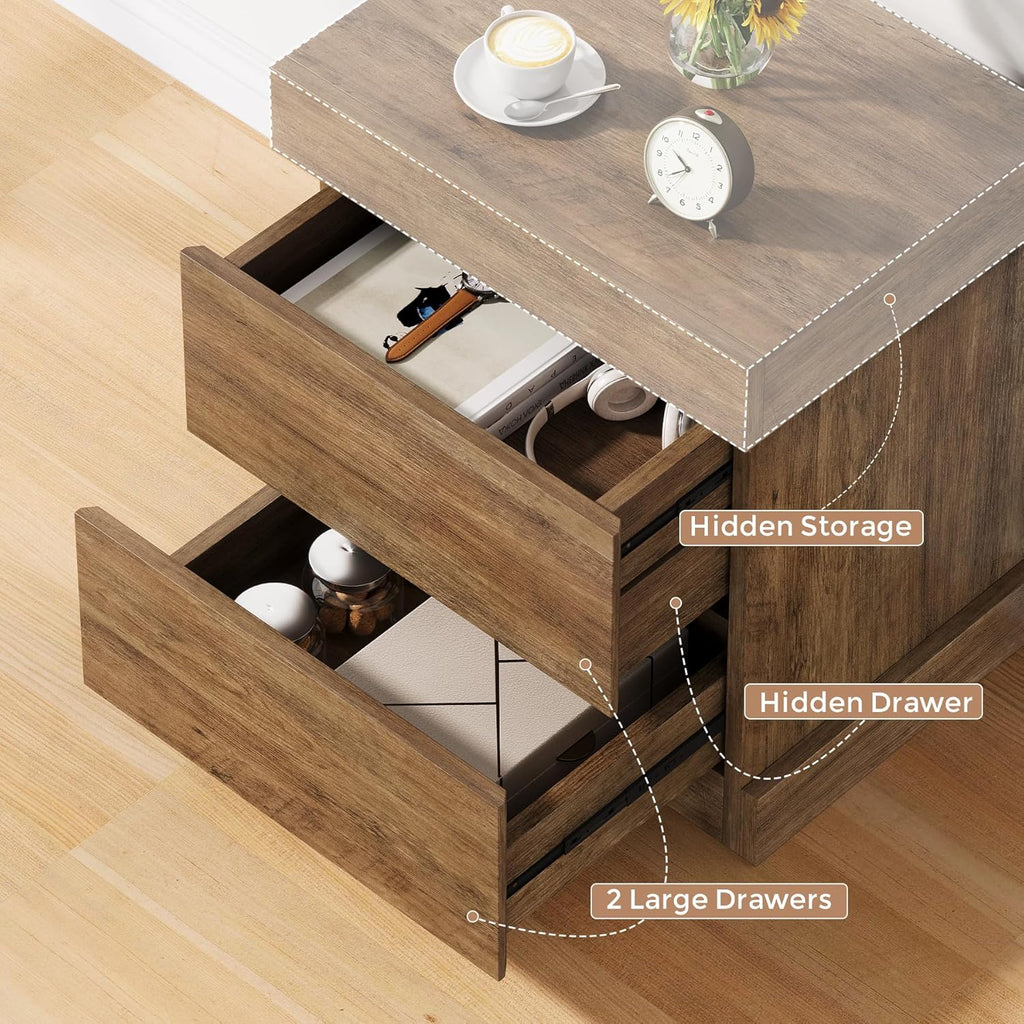 Nightstand with Gun Drawer, Farmhouse Bedside Table with Hidden Storage, Side End Table for Living Room, Bedroom, Little Spaces (Rustic Oak)