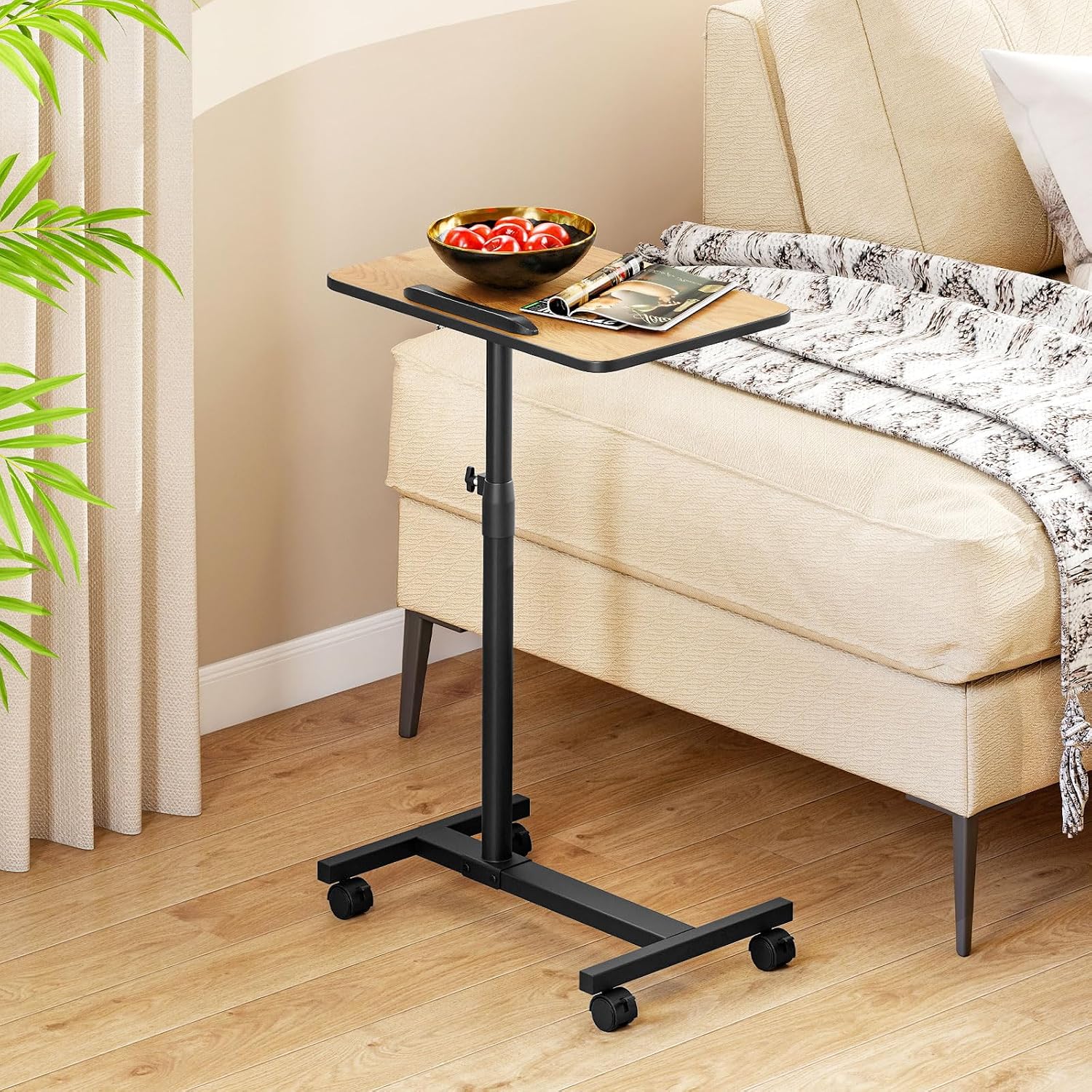 GOFLAME C-Shaped End Table Adjustable Height, Rolling Couch Sofa Side Table with 360° Tilting Top, Edge Stopper & Lockable Wheels, Modern 360° Swivel TV Tray Tables for Living Room, Bedroom (Brown)