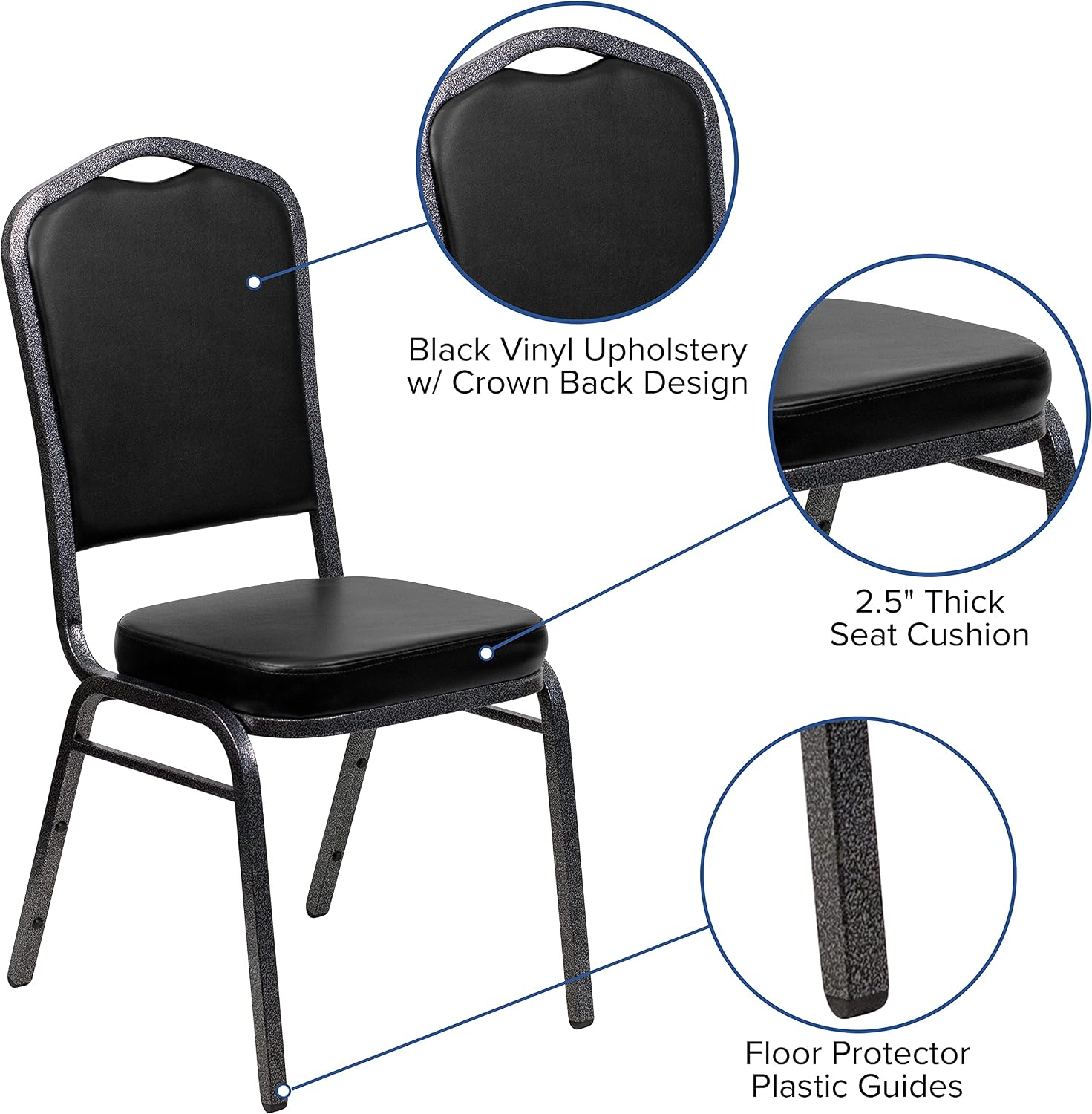 BizChair 4 Pack Crown Back Stacking Banquet Chair in Black Vinyl - Silver Vein Frame