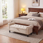 51in Bedroom Storage Bench for End of Bed, Upholstered Ottoman Bench with Button Tufted Design and Rolled Arms, Anti Cotton and Linen Entryway Bench with Safety Hinge for Living Room, Closet, Beige