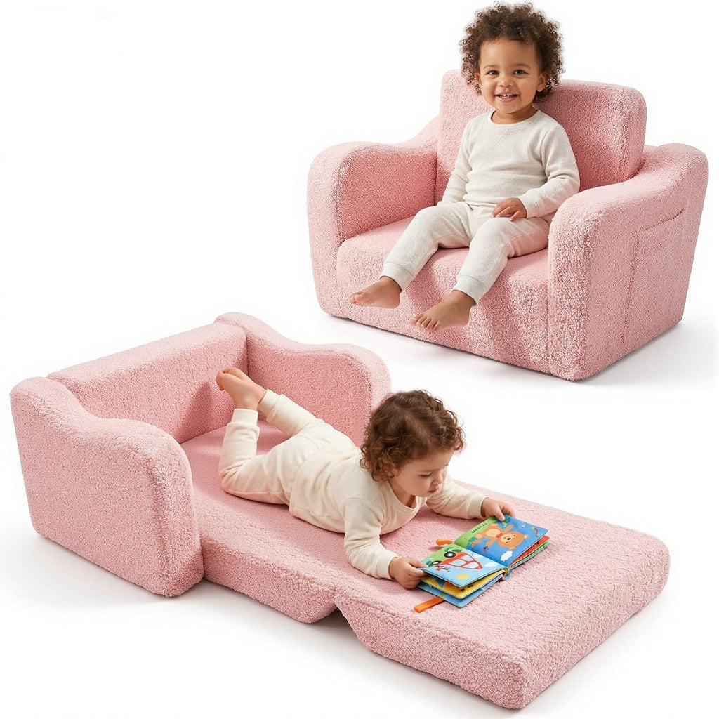 Toddler Couch 2-in-1 Fold Out Kids Sofa, Soft Comfy Lounger with Washable Cover Pocket, Kids Couch for Reading, Perfect for Bedroom, Playroom, Living Room, Gift for Girls Boys Age 1-3, Pink