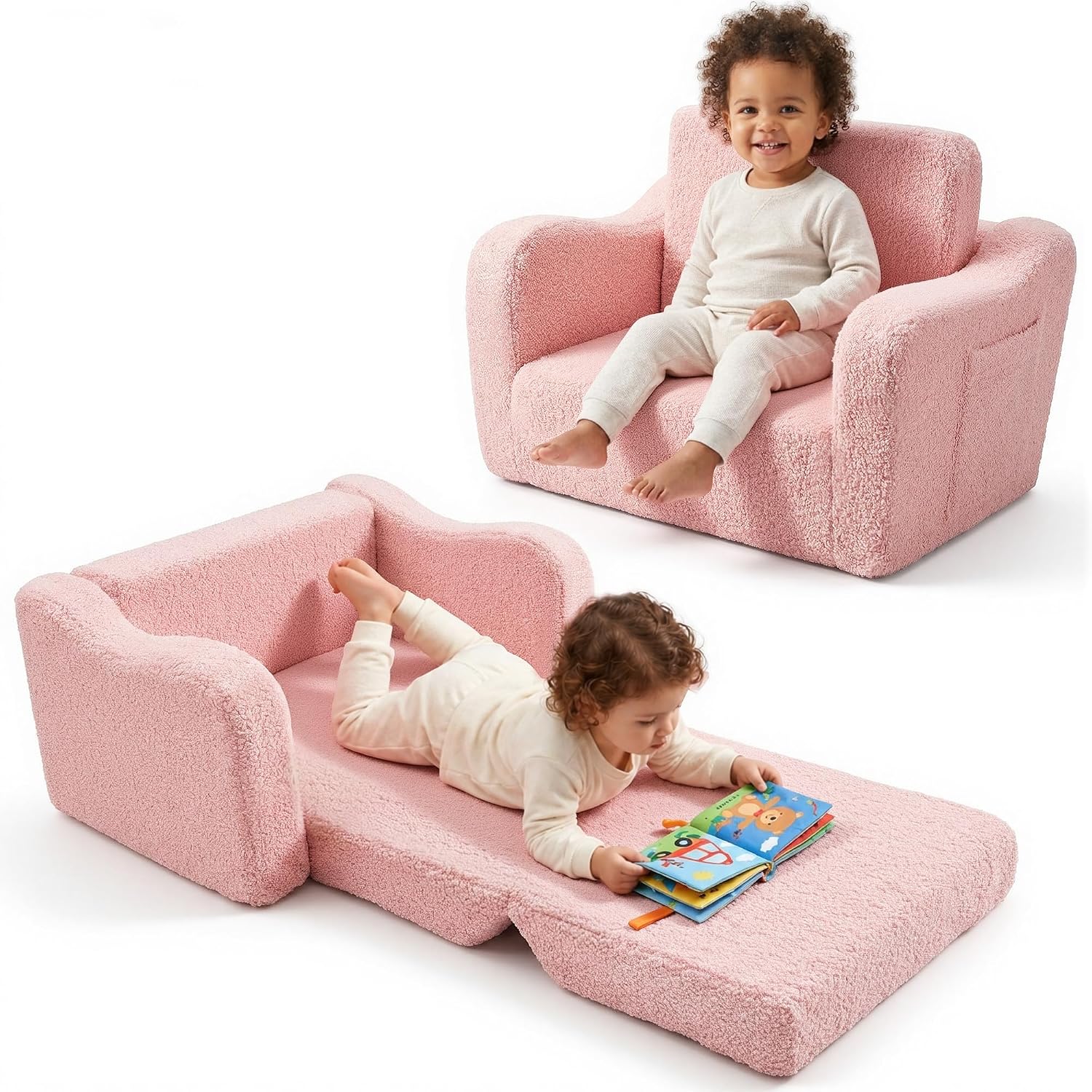Toddler Couch 2-in-1 Fold Out Kids Sofa, Soft Comfy Lounger with Washable Cover Pocket, Kids Couch for Reading, Perfect for Bedroom, Playroom, Living Room, Gift for Girls Boys Age 1-3, Pink