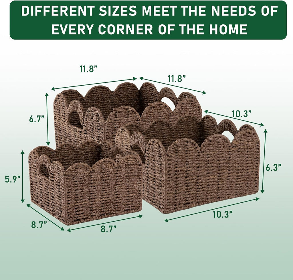 OIAHOMY Scalloped Wicker Baskets, Hand-woven Storage Baskets with Built-in Handles, Paper Rope Shelf Baskets for Organizing and Decoration, Set of 3-Brown