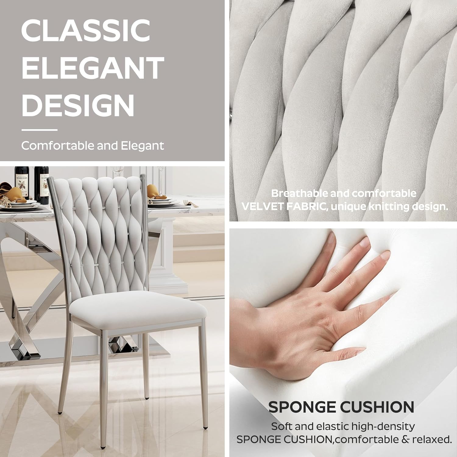 Modern Dining Chairs Set of 4, Light Grey Velvet Woven Kitchen Chair with Silver Metal Legs, Upholstered Cushion & High Back Design, Mid-Century Dining Chairs for Kitchen, Living Room