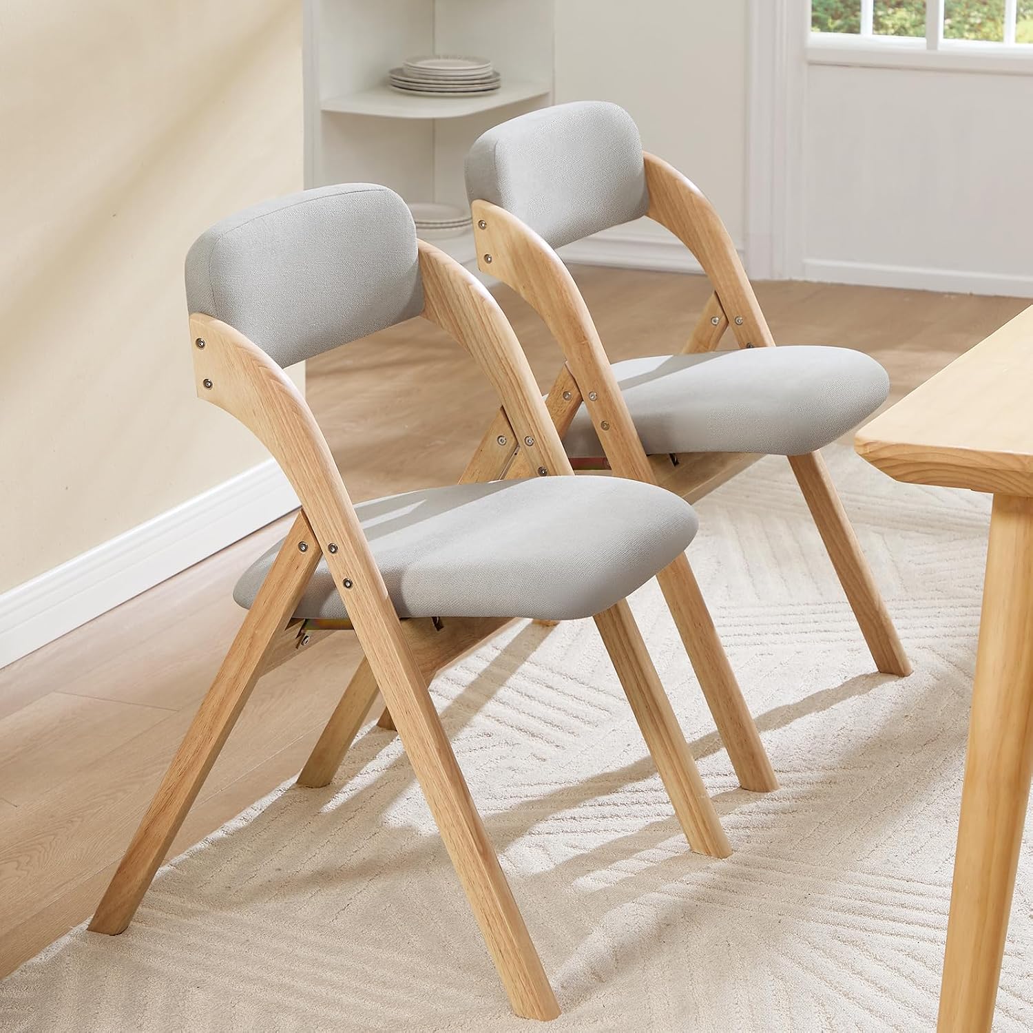 2-Pack Folding Chairs with Cushion Linen Padded Foldable Chairs Raw Wood Folding Dining Chairs for Dining Rooms Kitchen Parties Offices Indoor Outdoor Light Grey
