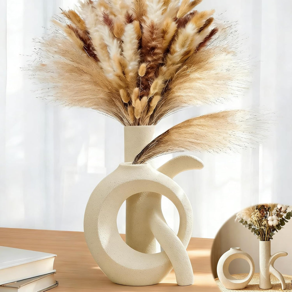 Assemble OK Ceramic Vase Set of 2 for Home Decor, Modern Boho Ins Style Matte Vase for Pampas Grass for Table Centerpiece, Living Room, Shelf, Mantle, Housewarming Gift (Beige White)