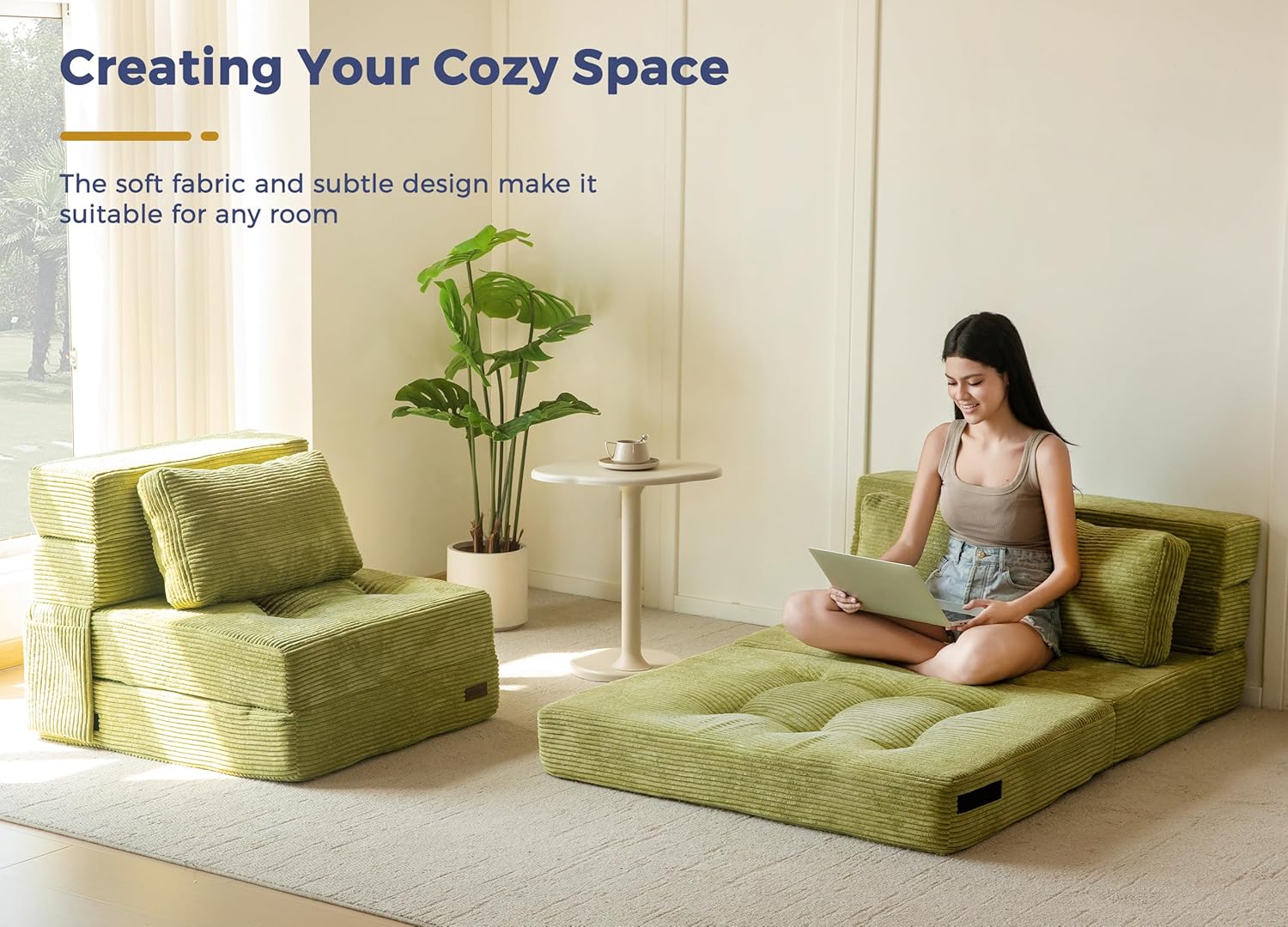 MAXYOYO Convertible Sofa Bed, Fold Out Loveseat Sofa Couch with Pillow, 4 in 1 Tufted Folding Couch Bed Foam Floor Couch, Lazy Chair for Living Room Bedroom Guest Room, Green