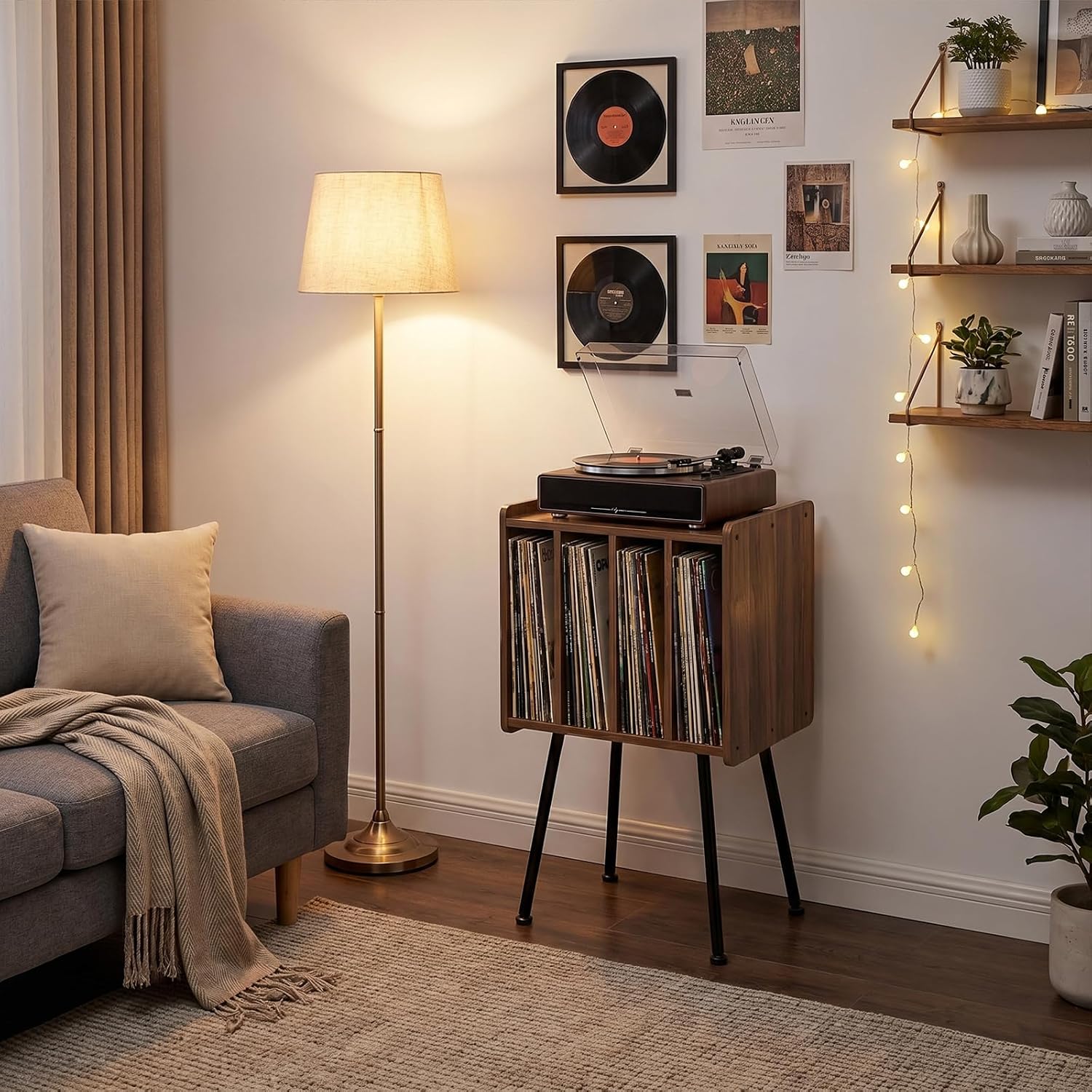 Faesun Record Player Stand, Record Table with 4 Cabinets Up to 100 Albums, Mid Century Modern Record Stand, Vinyl Record Storage for Living Room, Bedroom, Walnut