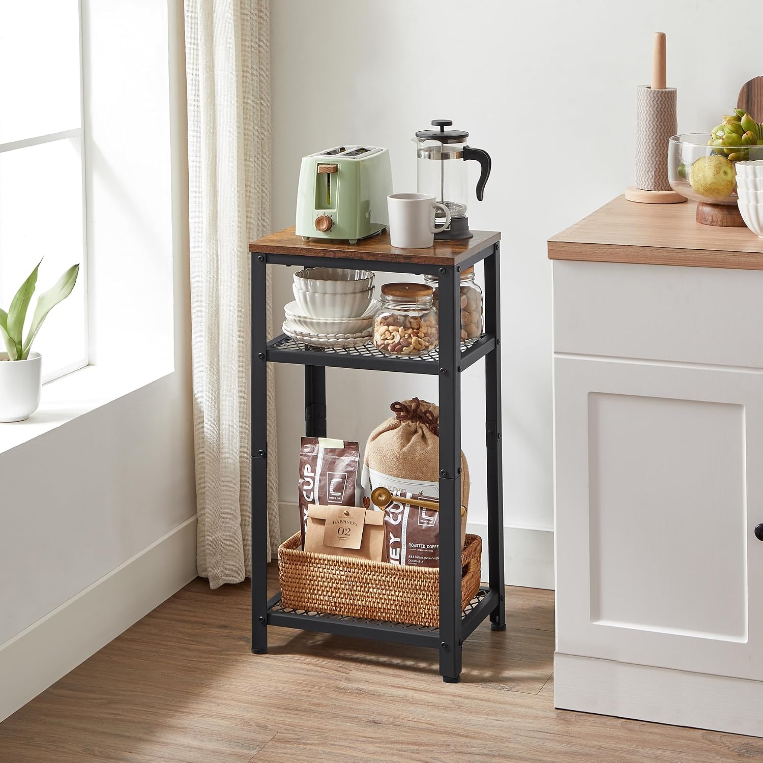 VASAGLE 3-Tier Tall Side Table, Small Telephone End Table Stand with 2 Mesh Storage Shelves for Office, Bedroom, Living Room, Kitchen Cart, Rustic Brown and Ink Black