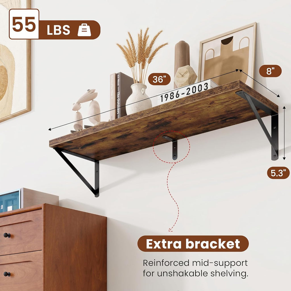 Deep Wall Shelves 36"W x 8"D Engineered Wood Floating Shelves for Wall, Sturdy Metal Bracket Bookshelves Home Decor Storage for Living Room Bedroom Bathroom Kitchen, Set of 2, Rustic Brown Finish