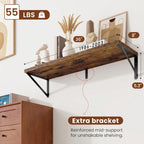 Deep Wall Shelves 36"W x 8"D Engineered Wood Floating Shelves for Wall, Sturdy Metal Bracket Bookshelves Home Decor Storage for Living Room Bedroom Bathroom Kitchen, Set of 2, Rustic Brown Finish