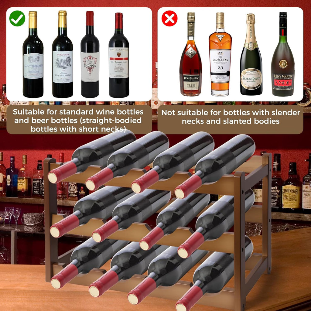 Bamboo Wine Rack 3-Tier 12 Bottle, Freestanding Countertop Wine Storage Shelf, Sturdy Natural Wine Holder Display Cabinet for Kitchen, Pantry, Dining Room & Home Bar (3 Tier)